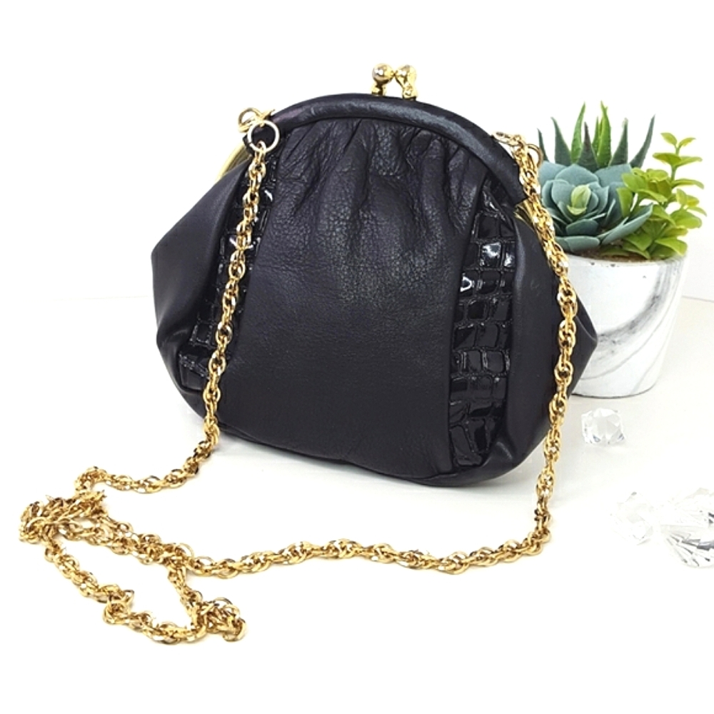 Vintage Leather Mini Shoulder Bag Black Clutch| Golden Chain Strap